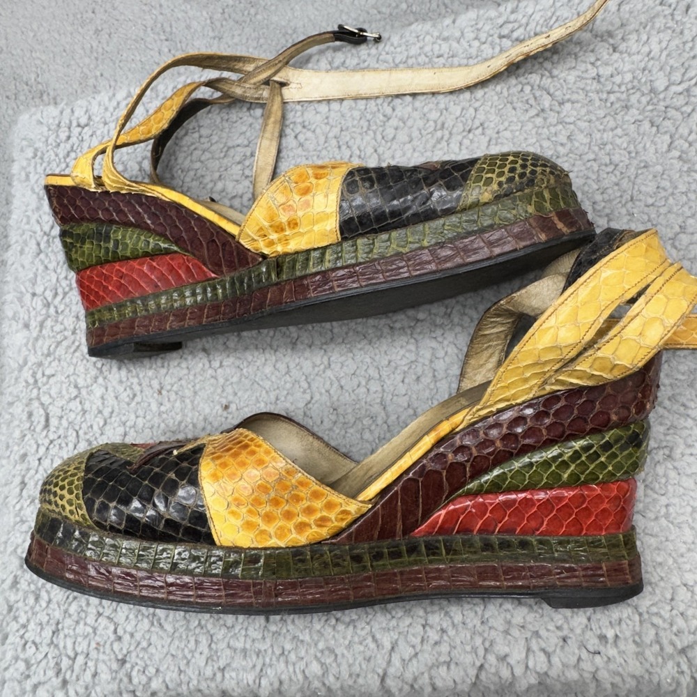 Terry de Havilland Platform Wedge Slingback Patchwork Sandals 70s Sz US 8 Honey - Picture 2 of 16